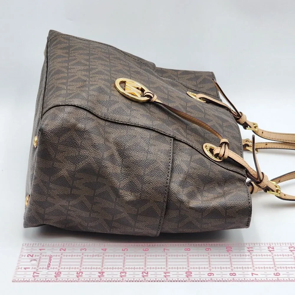 Michael Kors Coated Canvas Monogram MK Leather Trim Large Tote Bag Brown